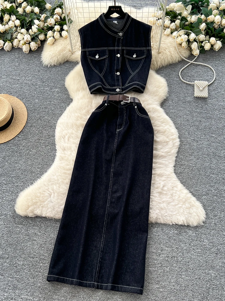 

Women's Faionable High Waist Denim Skirt And Svel Top Set Autumn Outfit Casual Workwear Slim Fit Stand Collar Vest