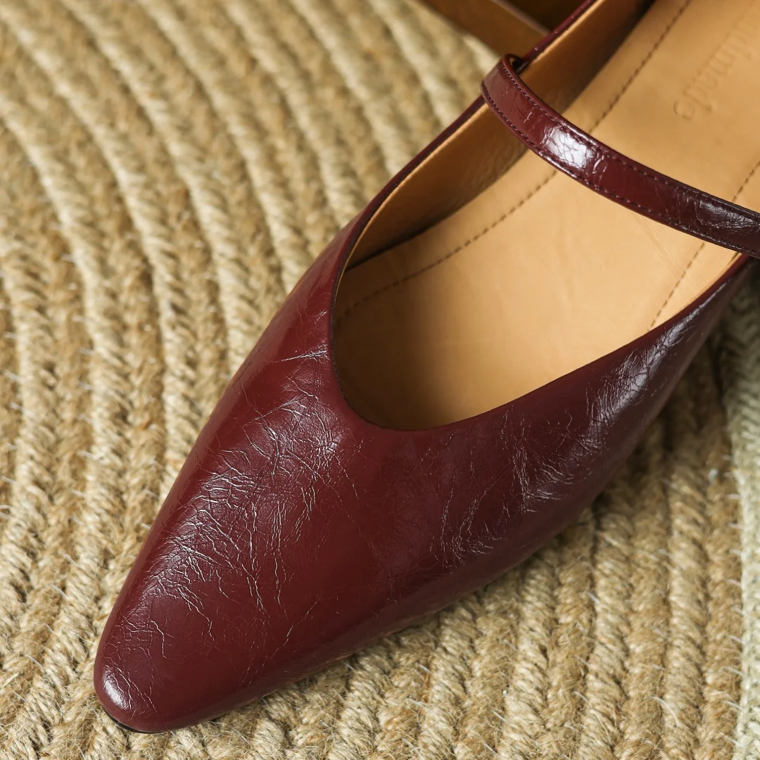 Women\'s genuine leather metal buckle pointed toe slip-o Mary Jane flats high quality soft comfortable 2cm kitten heel shoes sale