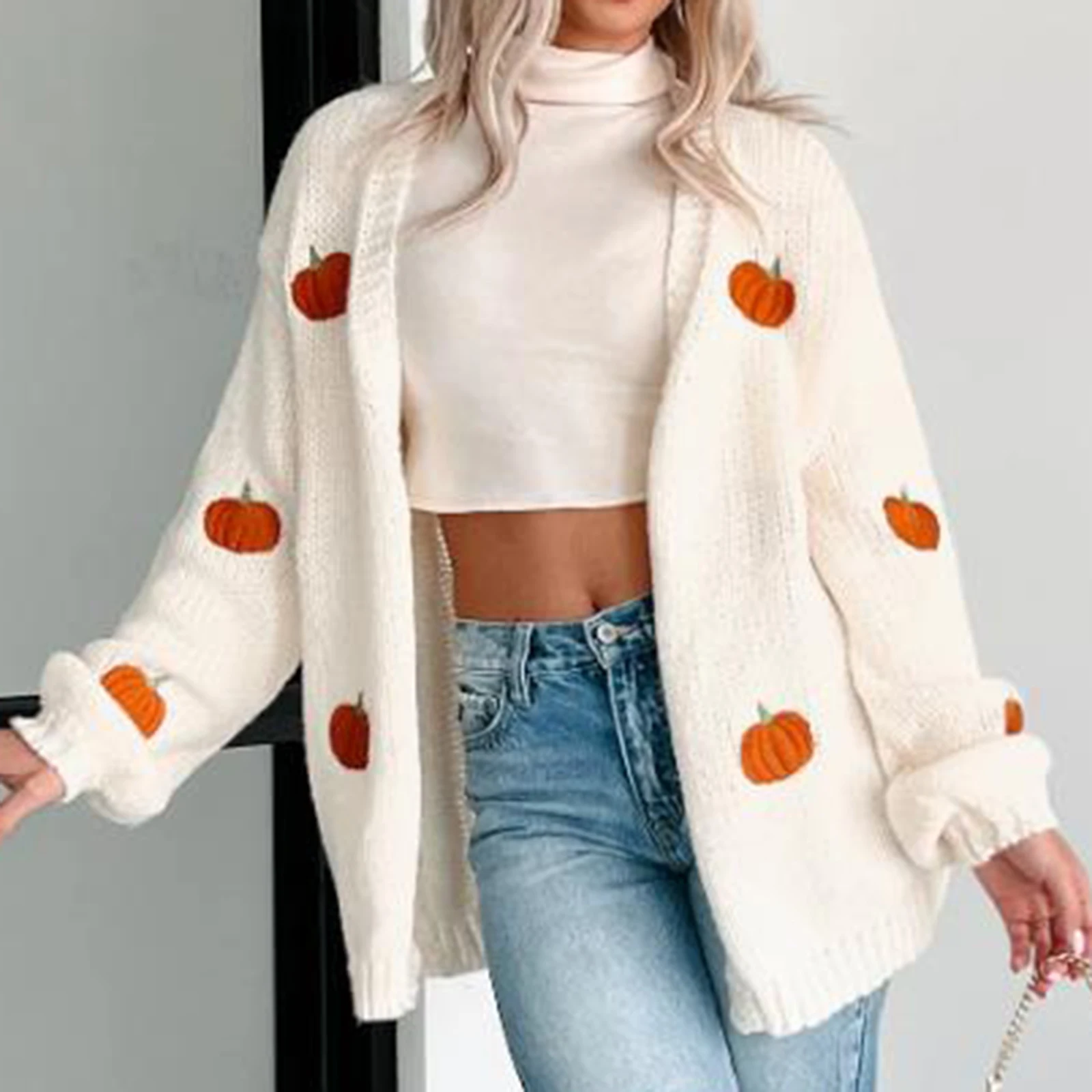 

Женский свитер с вышивкой тыквы, кардиган с открытой передней частью, свободные повседневные вязаные длинные кардиганы с узором, пальто, праздничный свитер
