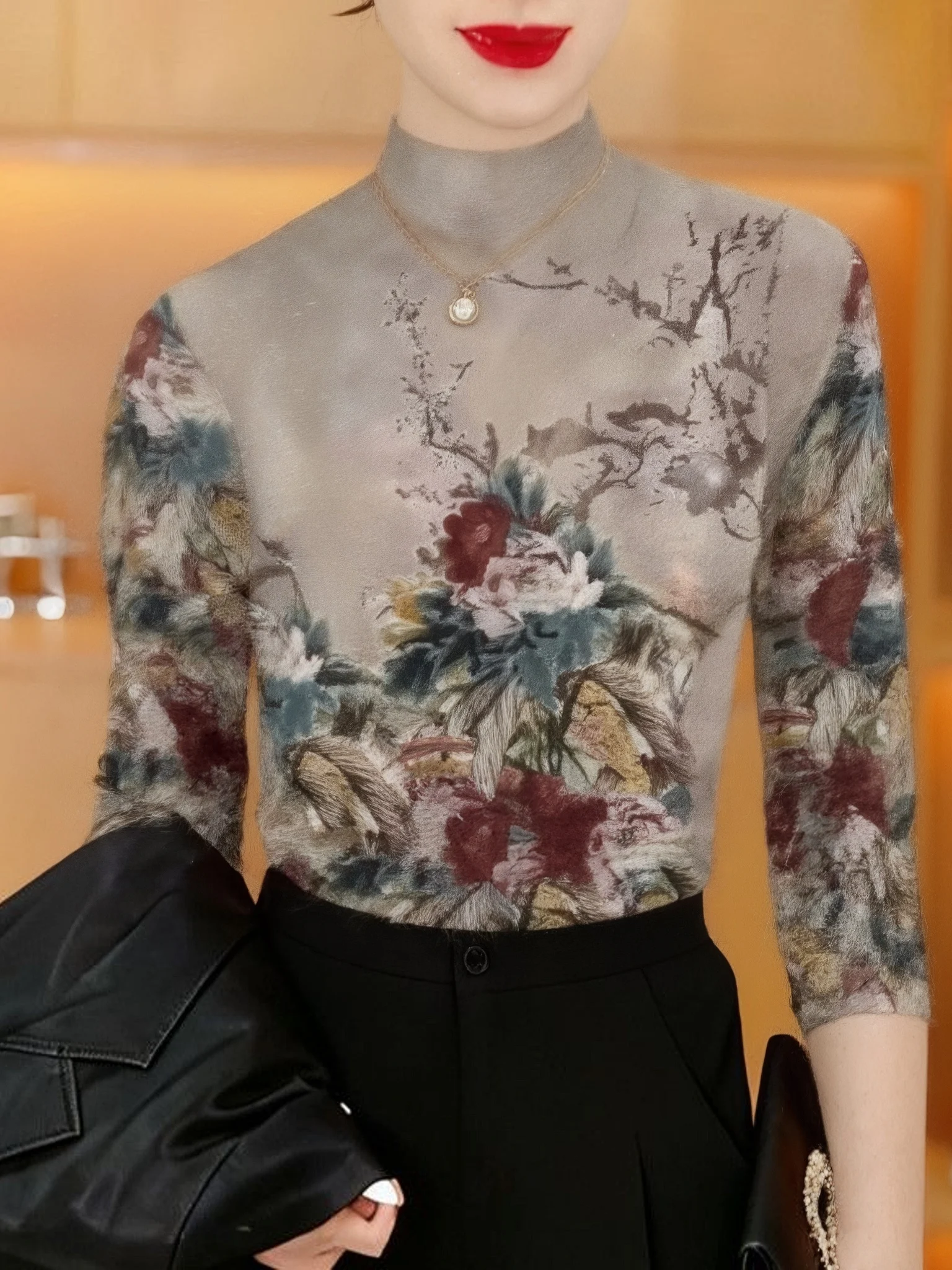 

Thickened Fleece Long Sleeve Printed Thermal T-Shirt Half High Collar Maternity Wear Casual Slim Fit Polyester Fiber Women's Top