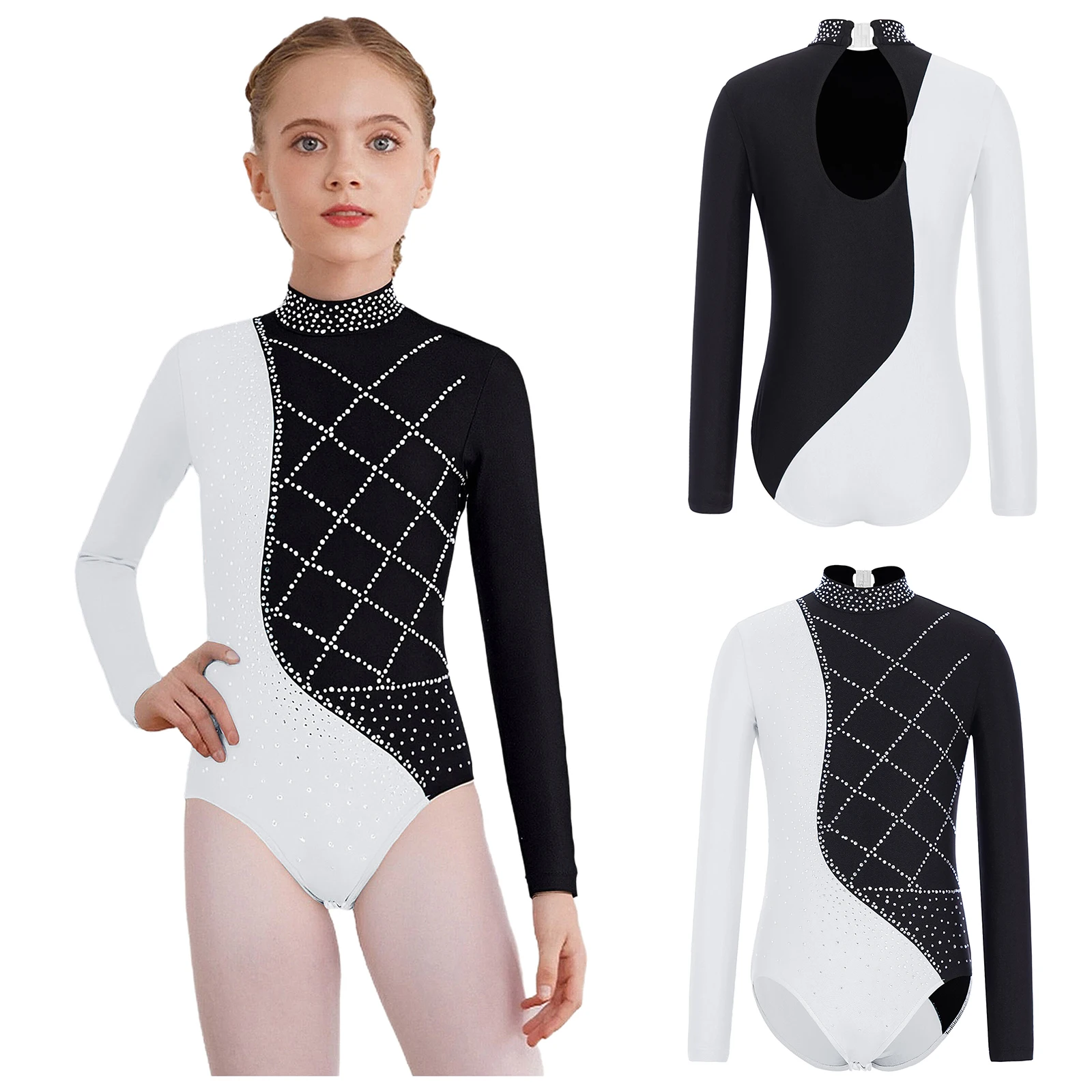 Body da danza classica per ragazze con strass Ginnastica ritmica Pattinaggio di figura Costume da spettacolo di danza Body da ballo a maniche lunghe