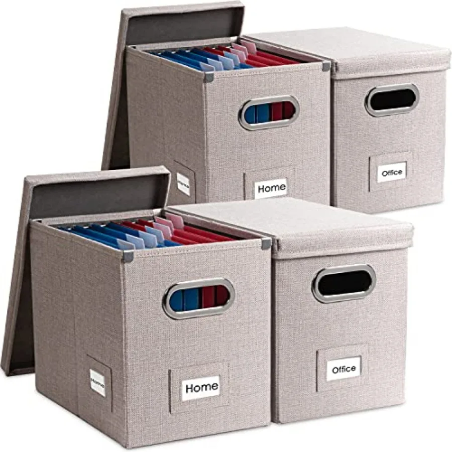 

File Organizer Box - Set of 4 Collapsible Decorative Linen Filing Storage Hanging File Folders with Lids Office Cabinet Letter