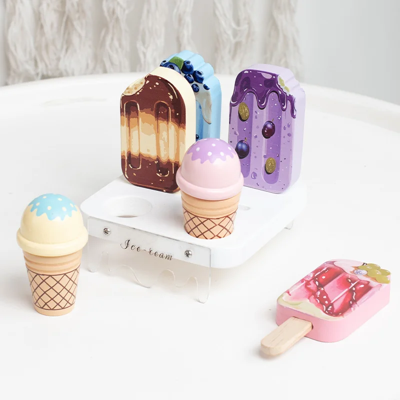 مجموعة الآيس كريم الخشبية للأطفال ألعاب التظاهر المطبخ الآيس كريم المخروط ألعاب أطفال التعلم المبكر لعبة تعليمية مونتيسوري