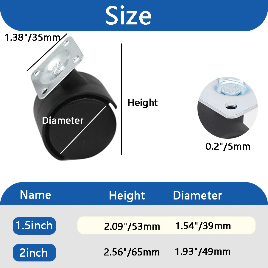 4 Black Plastic Swivel Casters - Durable Construction, 360 ° Easy Turning, Swivel/Brake - Suitable for Office Cabinets, Workbenches, Storage Boxes and Sliding Doors, Casters 39/49mm, Perfect for Home and Office Use.