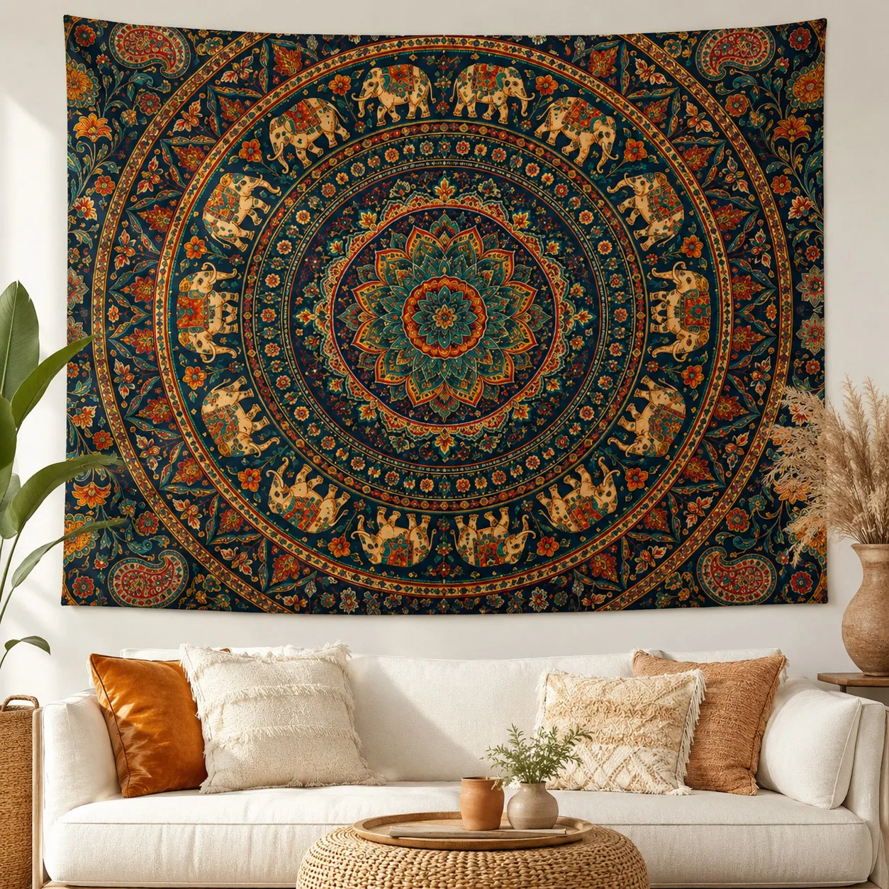Elephant Mandala Tapestry Boho Indian Wall Hanging Hippie Floral Tapestry for Bedroom Living Room