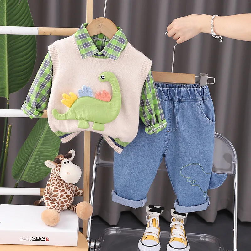 Baby Boy Boutique Clothes 2023 Spring Autumn Cartoon Dinosaur Knitted Sweater Vest + Plaid Shirts + Pants 3PCS Kids Boys Outfits