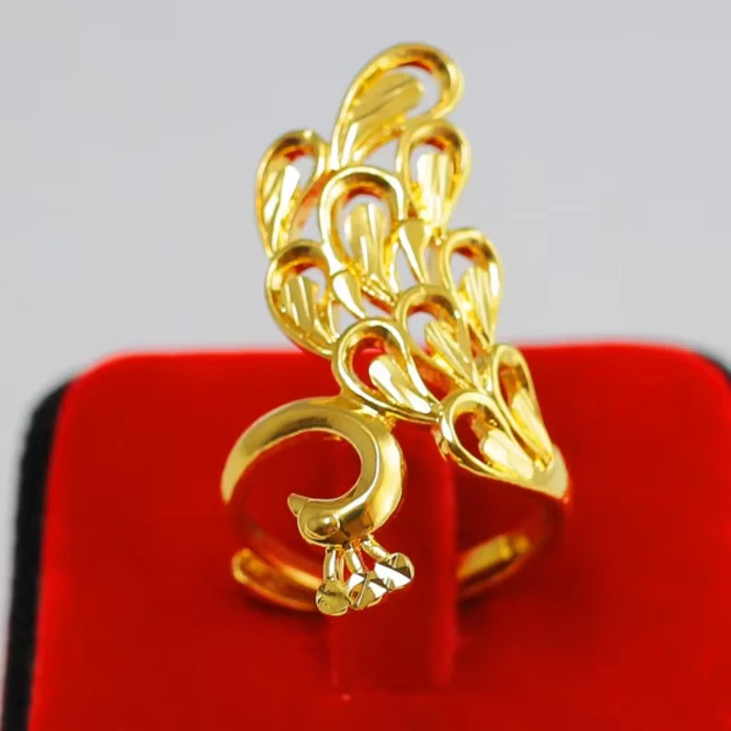 9999 Real Gold 24K Gold Wedding Bride Rich Peacock Ring Adjustable