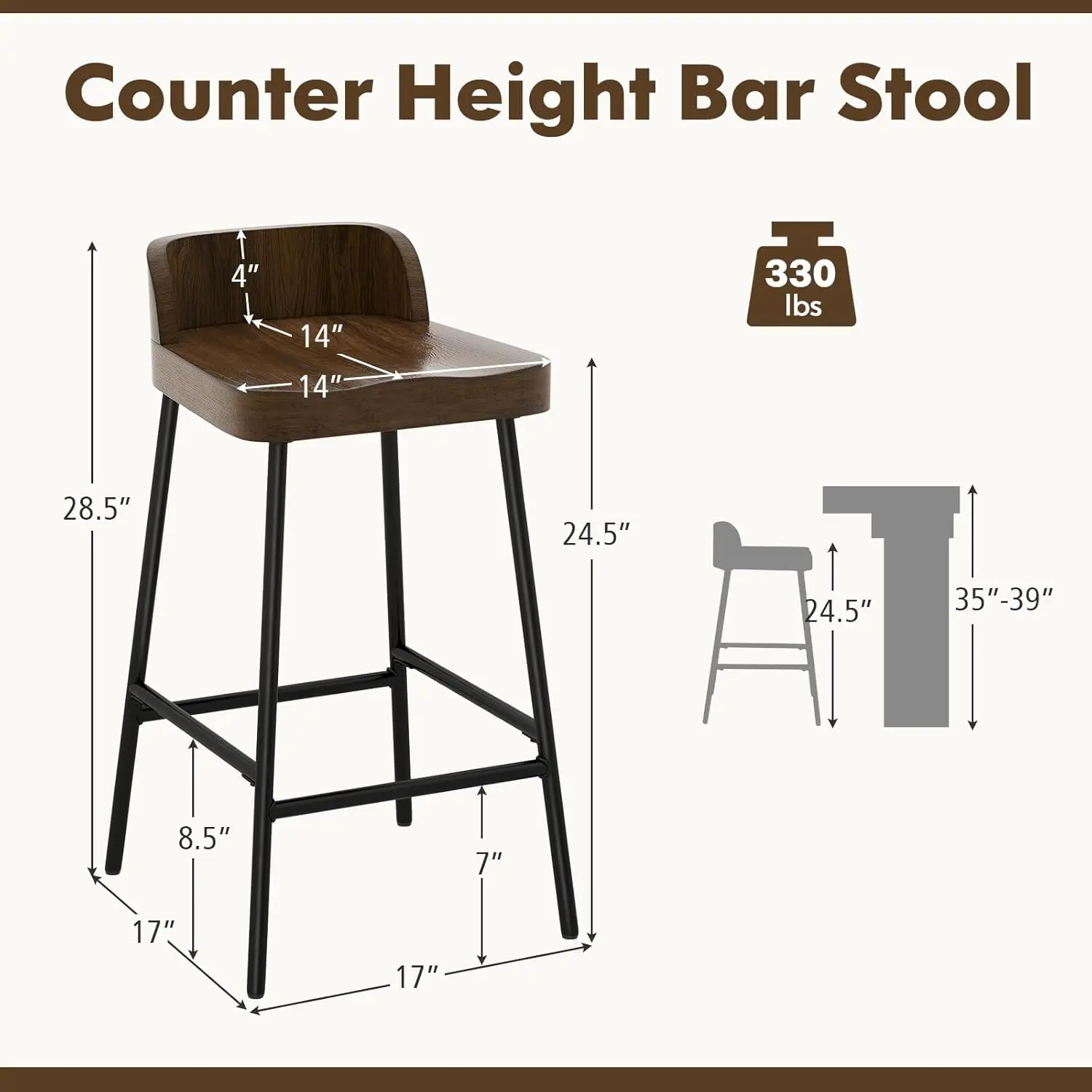 Goflame 24.5"" Low Back Bar Stool With Curved Seat, Industrial Breakfast Counter Height Chair With Footrest & Adjustable Foot