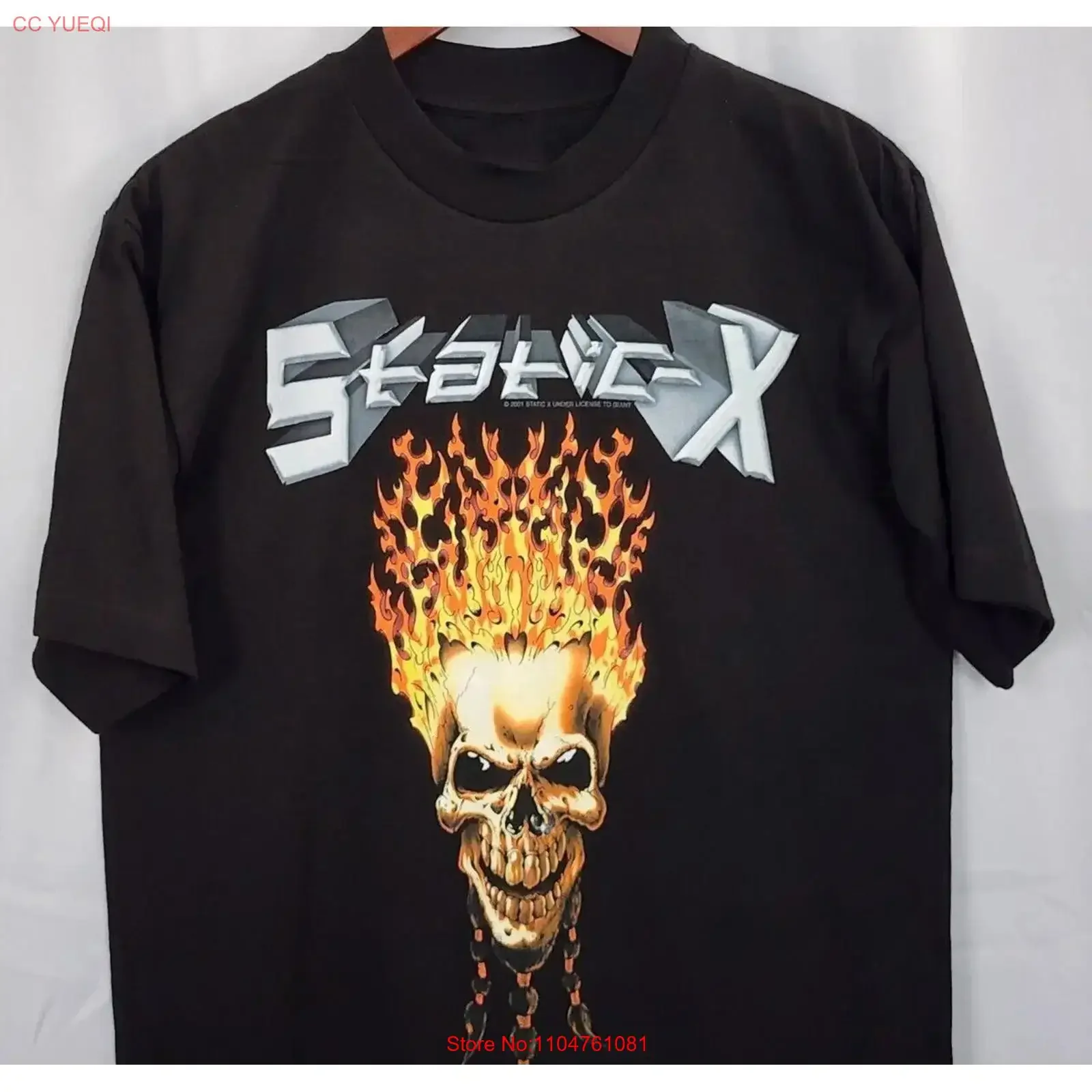 Camiseta de algodón pesado negra con estampado gráfico de álbum de la banda STATIC X, estilo vintage lavado, transpirable, versátil y casual, FN1105, todas las tallas
