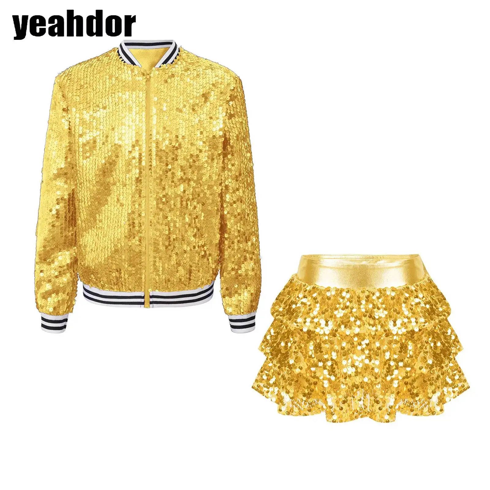 

Girls Shiny Sequins Jazz Dance Outfits Glitter Baseball Jackets Outerwear with Skirted Shorts Culottes Hip Hop Dance Costumes