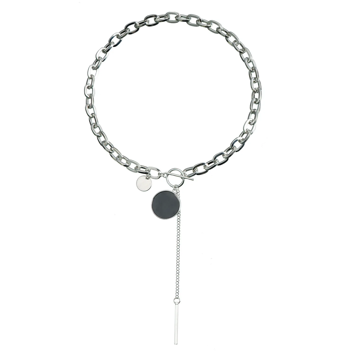 New Fashion Trend Accessories Geometric Thick Chain OT Buckle Round Black and White Fritillary Lock Ins  Personality Necklace