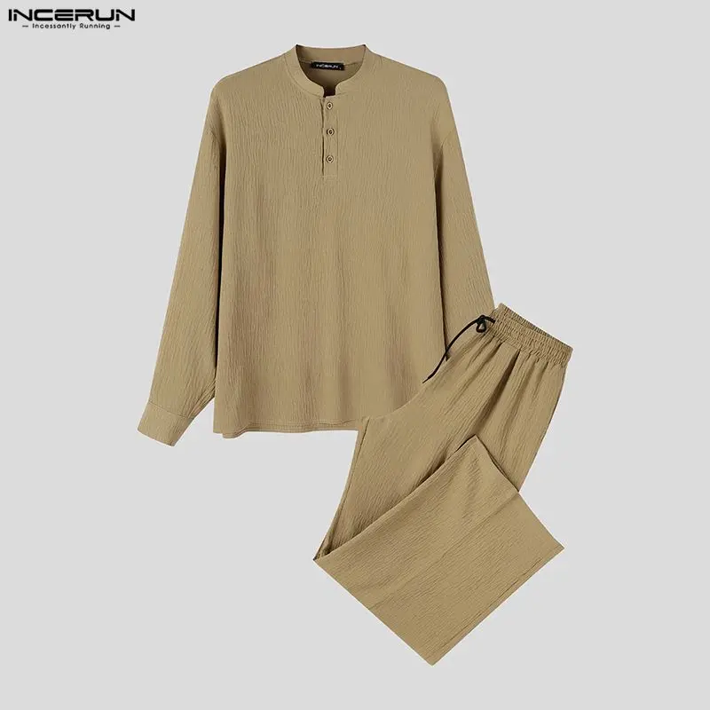 Men's Sets Solid Streetwear Stand Collar Long Sleeve Shirt Pants Two Piece Sets Vintage Loose Casual Men Matching Sets INCERUN