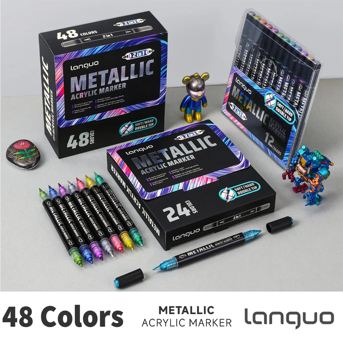 LanGuo 12/24/48Color Dual Tip Acrylic Paint Marker Set Professional Artist Drawing Pens for Student School Supplies Art Projects