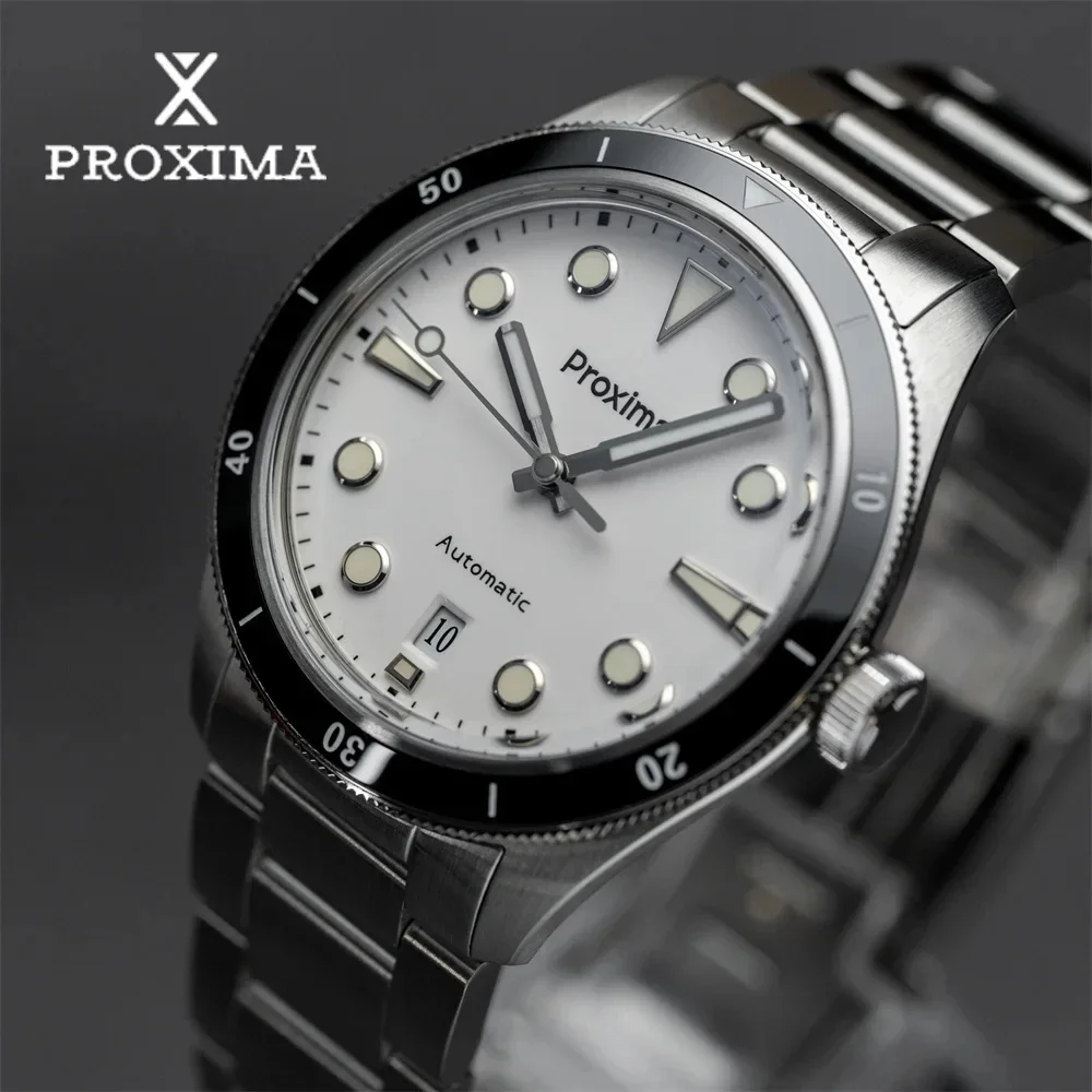 Proxima PX1697 39mm Men Watch White Enamel Dial Bubble Sapphire PT5000 SW200 Automatic Mechanical Vintage Watches 20Bar Luminous