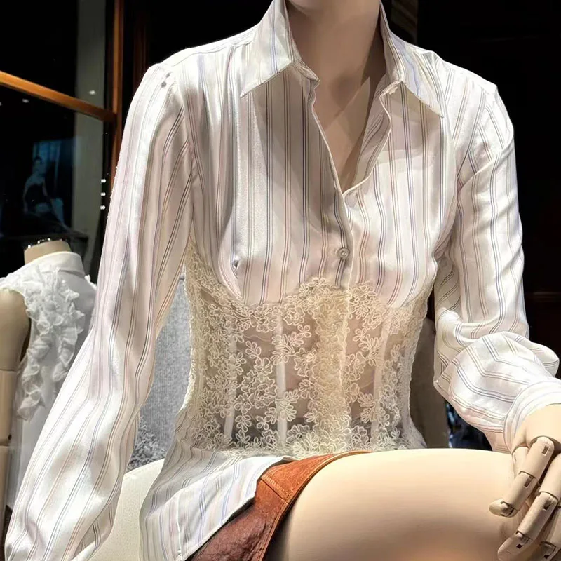 

Women's Striped Lace-Panel Blouse, Fishbone-Structure Waist-Defining Top, High-Quality Elegant Collared Long-Sleeve Shirt, 2025,