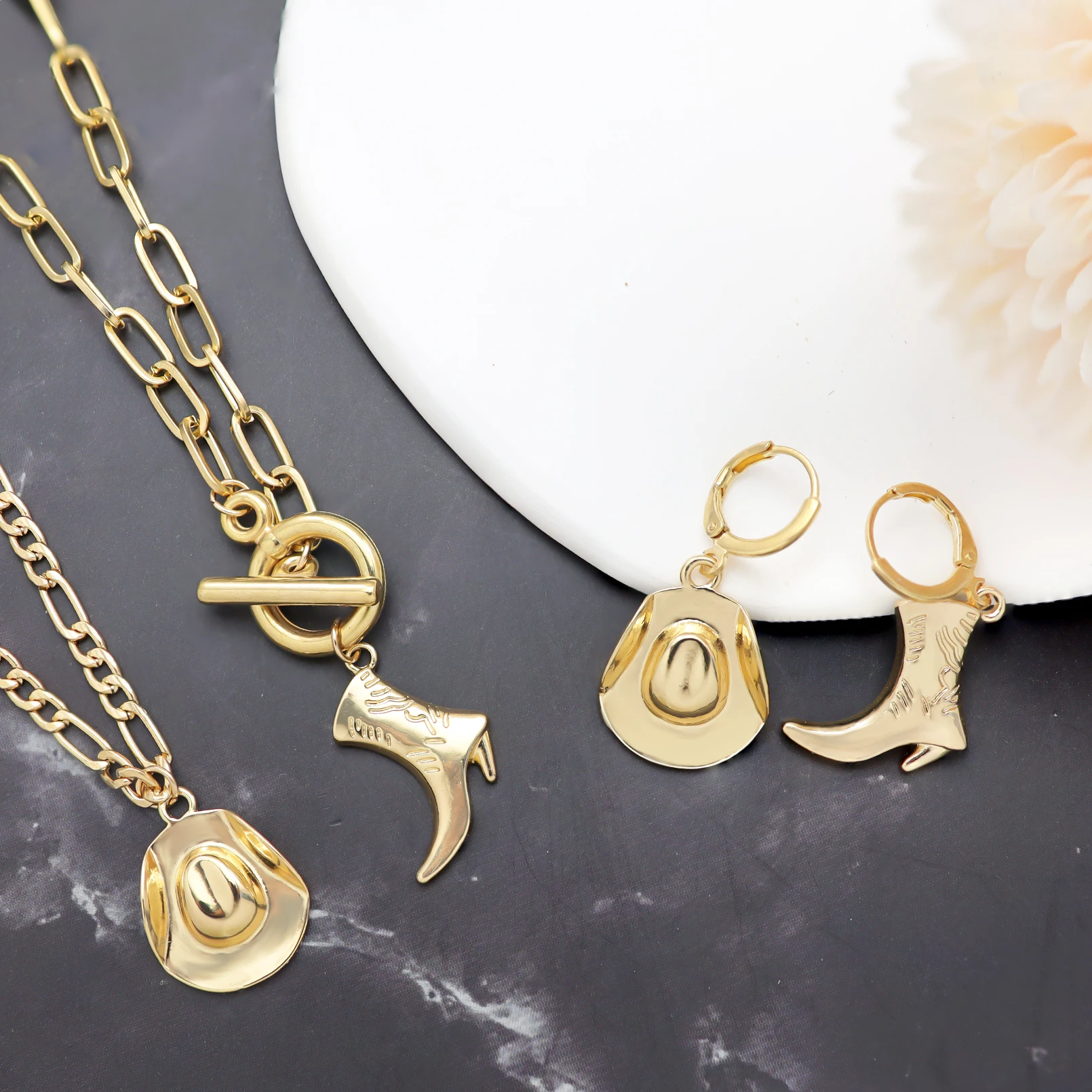 Western Cowboy Hat Boots Pendant Necklace Earrings Set for Women Double Layered Chain Vintage Stud Earrings Accessories Jewelry