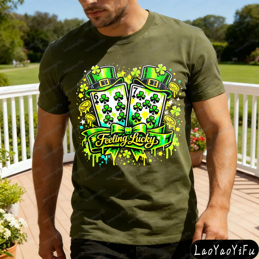 St Patricks Day Feeling Shamrock Cards Men T-Shirt Casual Festive St Patrick's Day Gift for Him Summer Party Wear Men Clothing