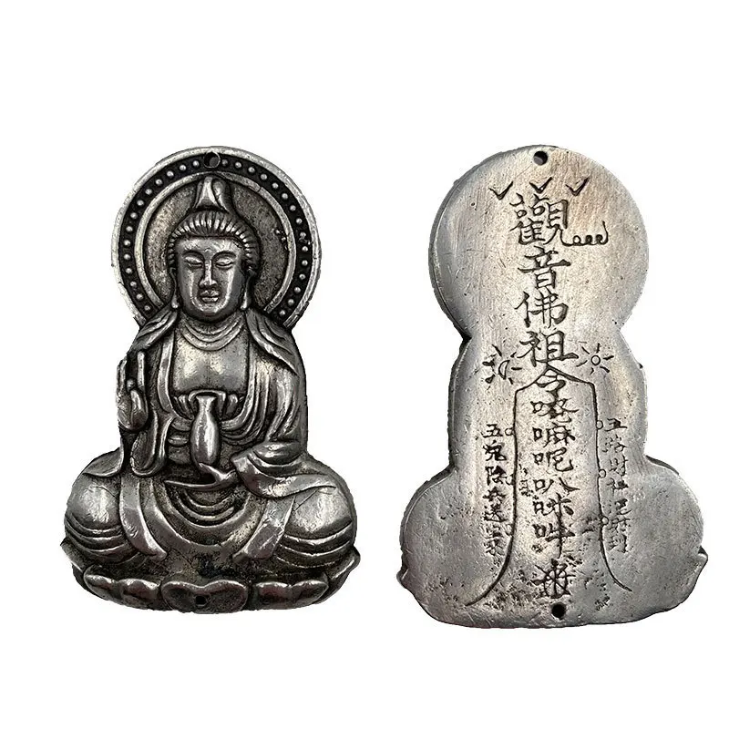 White Copper Silver-Plated Feng Shui Bronze Character Buddha Statue Listing Waist Tag Double-Sided Three-Dimensional Casting Fen