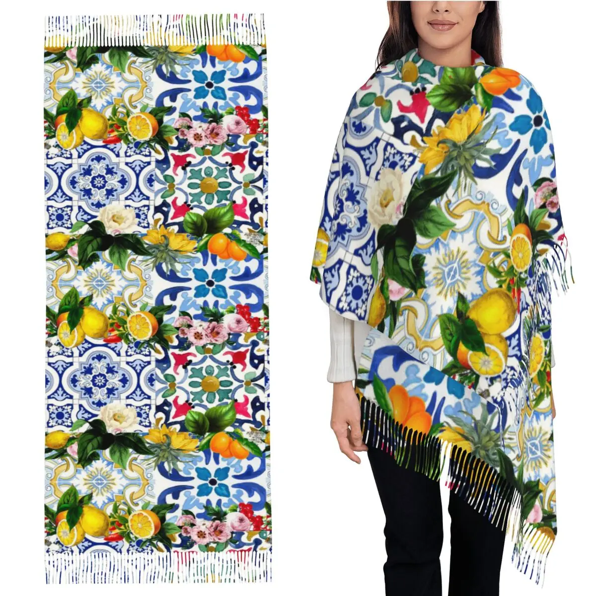

Сицилийская плитка, среднеземноморье, мозаика, лимоны, шарф, шарфы с кисточками для женщин, шали и накидки, большая осенне-зимняя шаль
