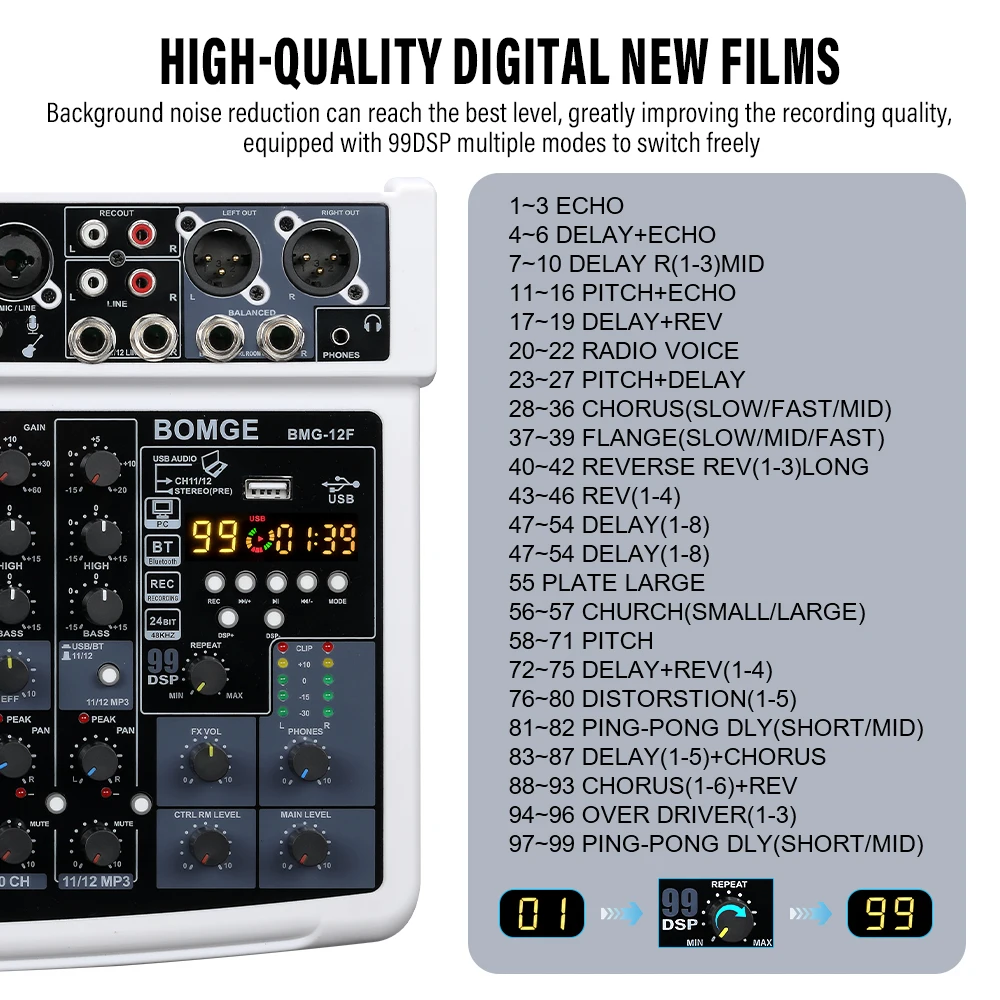 전문 휴대용 99DSP 12 채널 녹음 오디오 믹서 인터페이스 USB 48V BT 사운드 콘솔 카드 PC MP3 DJ 가라오케