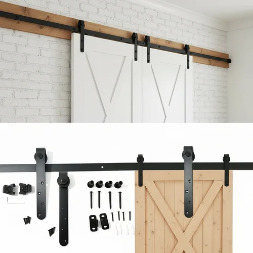 Imagen 1 del producto Kit de herrajes para puertas corredizas silenciosas de acero al carbono para pistas de acero al carbono en Barns, gabinetes de TV y armarios, 1 Juego