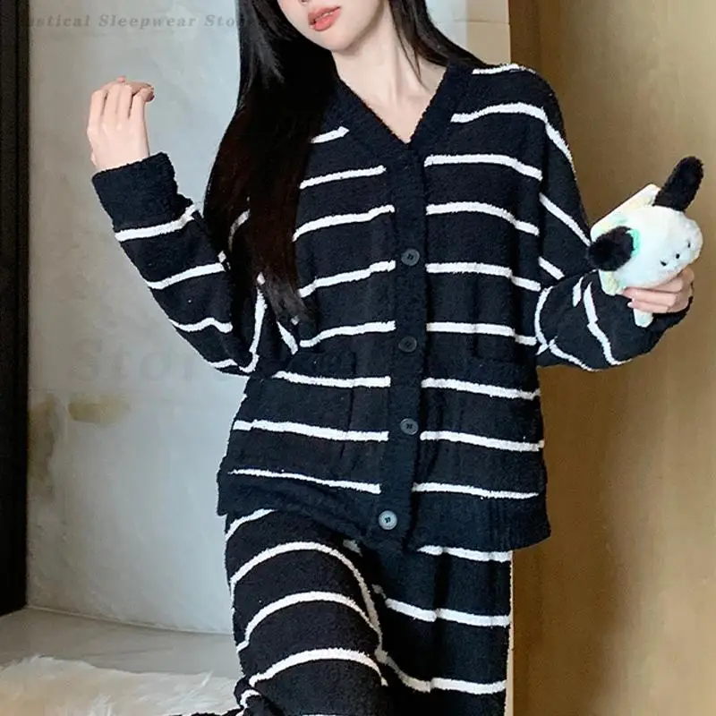 

Winter New Pajamas Set Loungewear Striped V-Neck Long Sleeved Cardigan Trouser Sleepwear Coral Fleece Thicken Warm Home Clothes