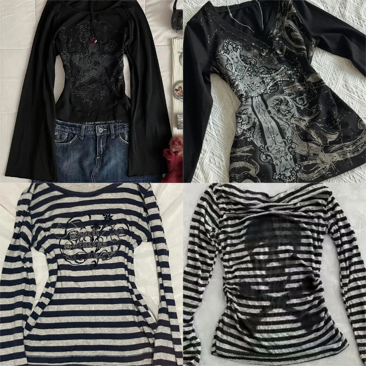 American Retro T-shirt Long Sleeve Slim Fit Women Casual Japanese Subculture Y2K Vintage Gothic Tees Autumn Female Chic Tops
