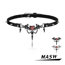 MASW Original Design Cool Trend Jewelry Hiphop Personality Glass Metal Wing Black PU Choker Necklce For Women Girl Party Gift