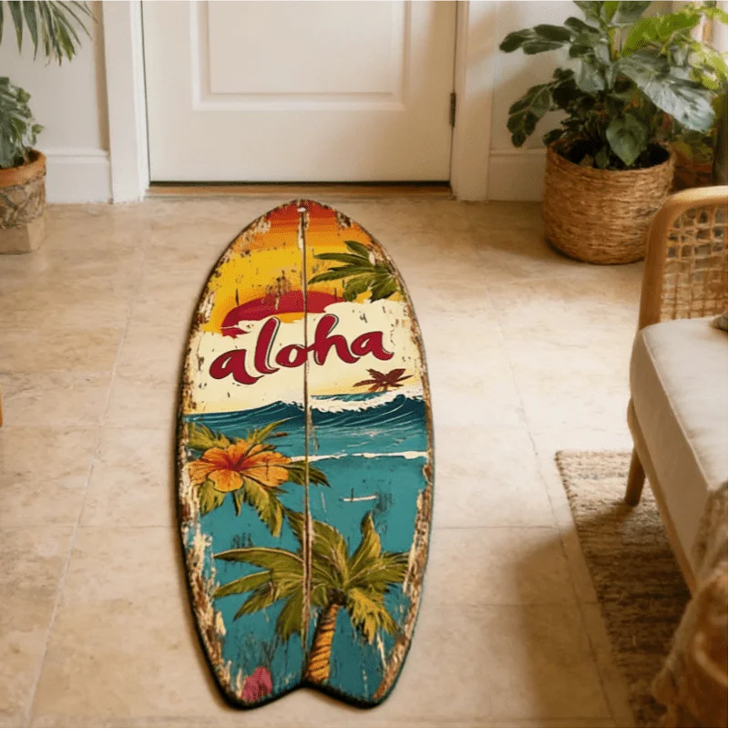 VIKAMA Surfboard‑Shaped Runner Rug Vintage Aloha Hawaii Palm Hibiscus Ocean Print Soft Non‑slip Floor Mat For Bedroom Bedside