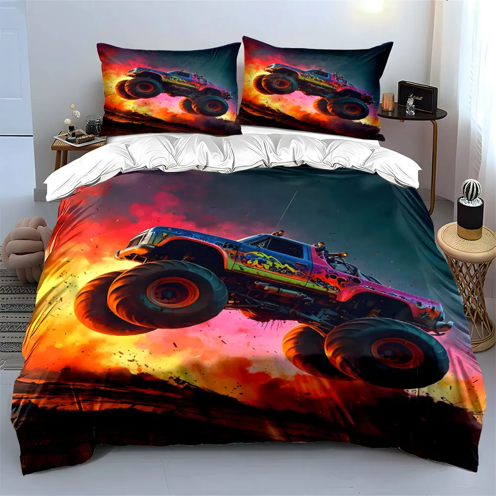 Monster Truck Adventure Set Multiple sizes kid's and adults' bedroom Exquisite 3PC bedding set, gift