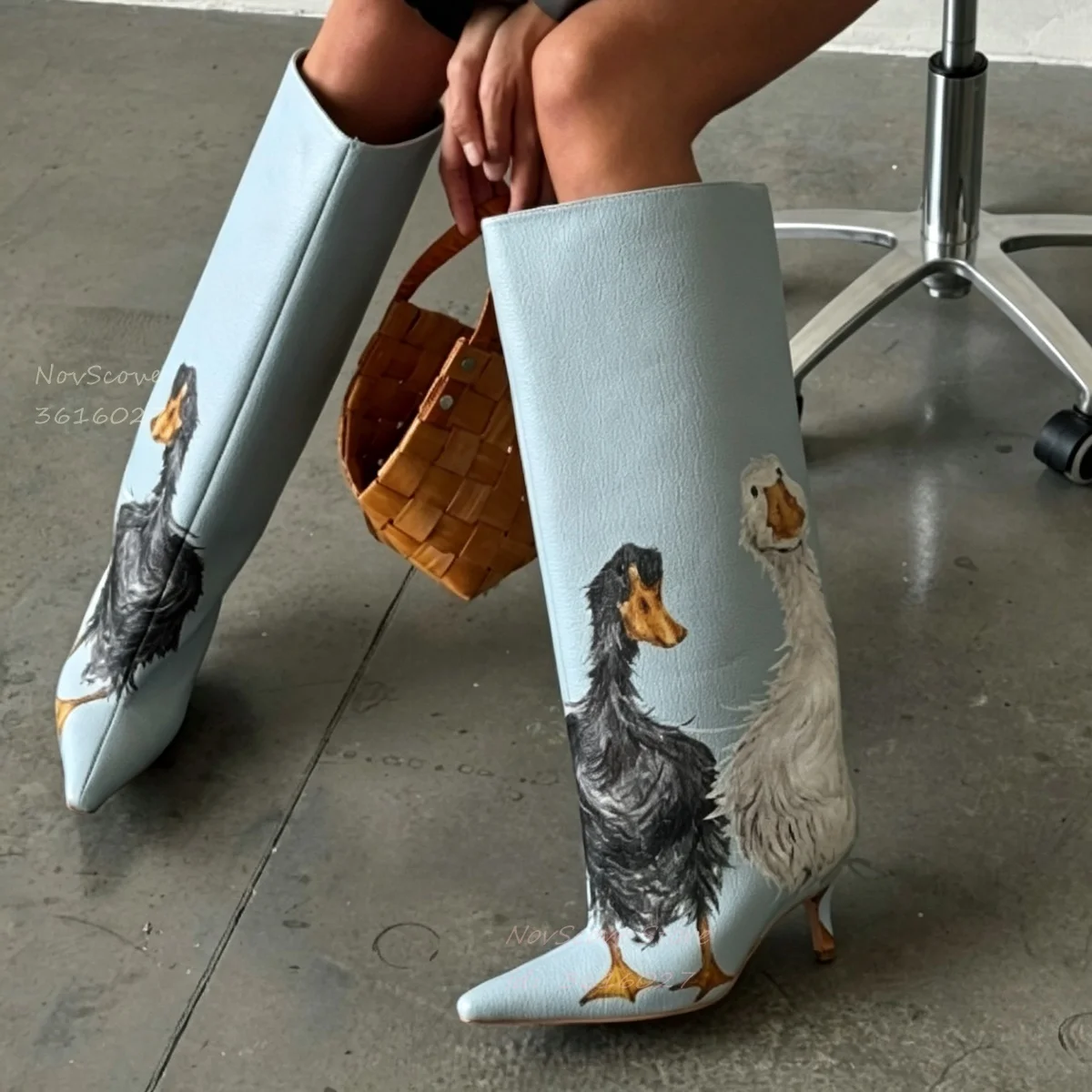 3D Print Leathe Duck Animal Print Knee High Booties Stiletto High Heels Mixed Color R Sexy Women Autumn Classic Boots