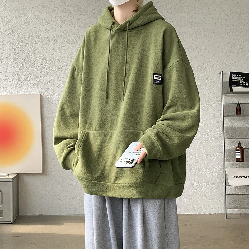 

Fleece Lined Hoodie Sweatshirt Thickened Warm American Retro Style Overhead Jacket for Men Spring Autumn Casual Loose Fit