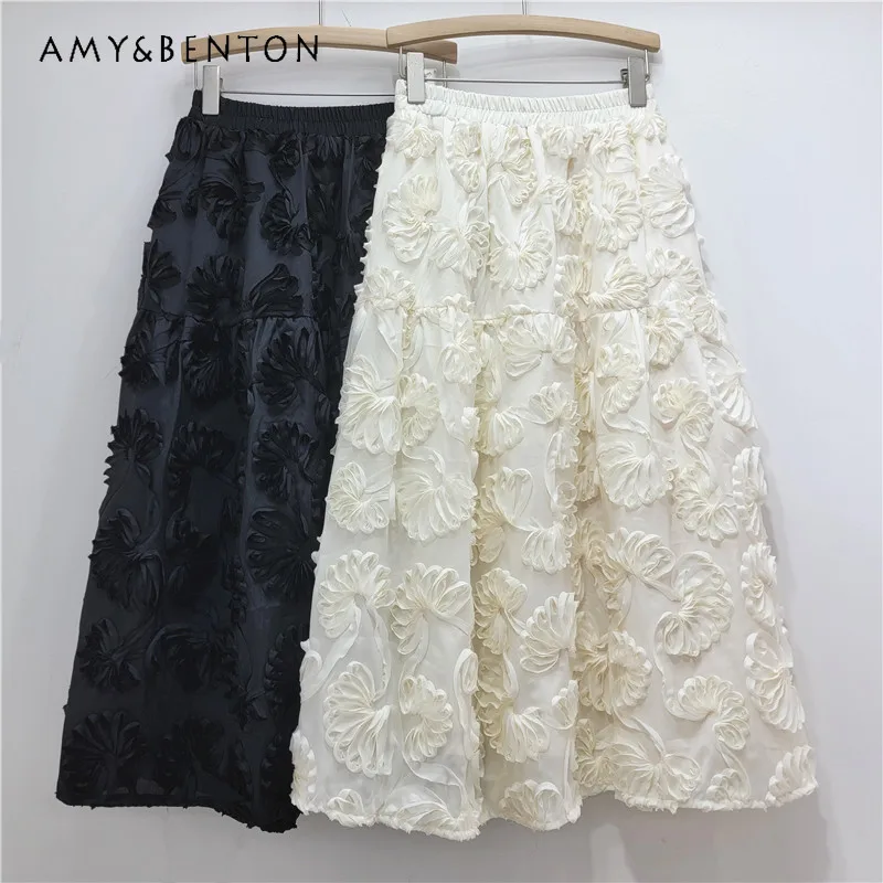 

Heavy Industry Three-dimensional Flower Skirt Women's High-end Elastic Waist Fluffy A-shaped Medium And Long Large Swing Skirts