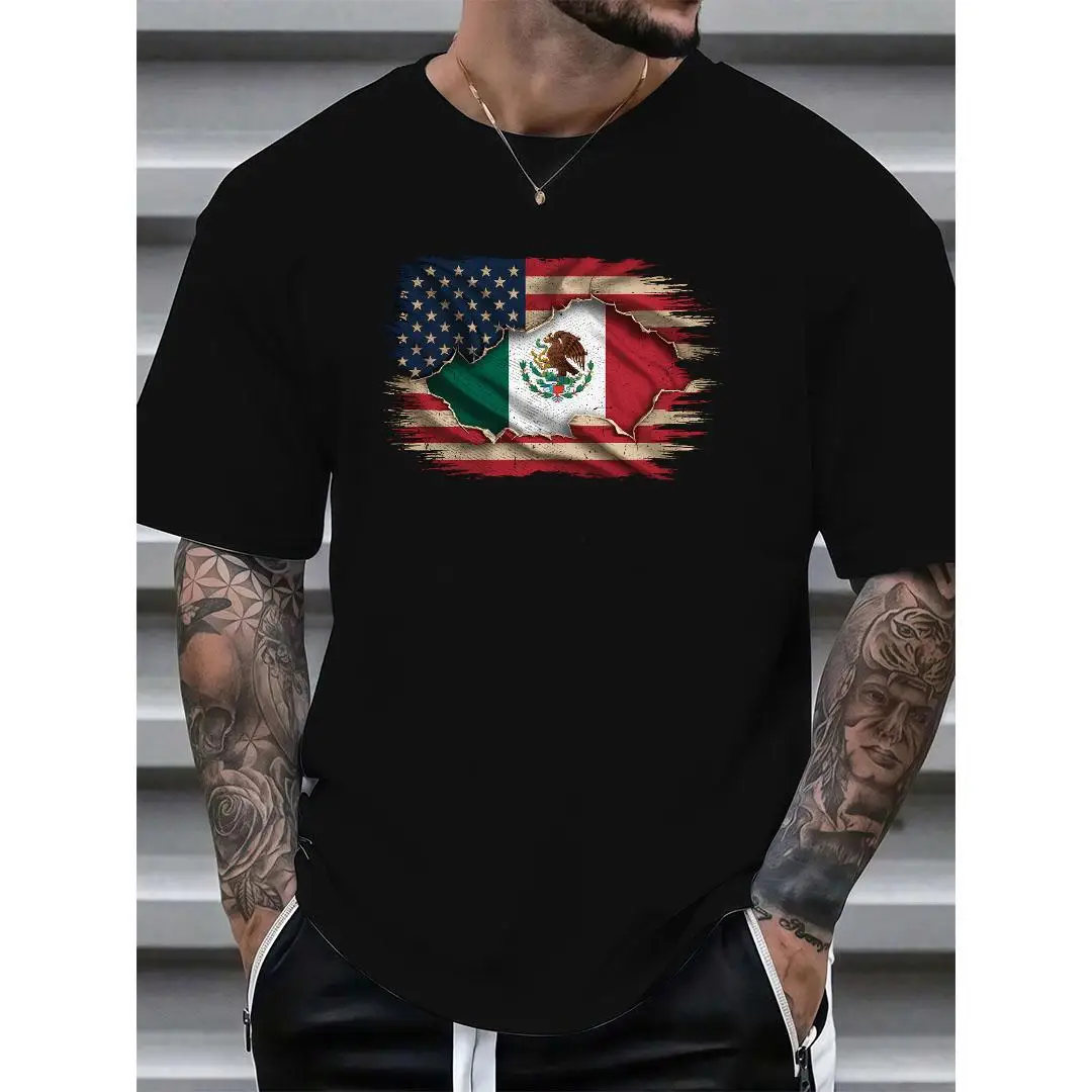

Vintage USA Mexico Flag T-shirt | Ripped Flag Graphic Tee | American Mexican Heritage Slogan Top | Summer Casual Streetwear Men