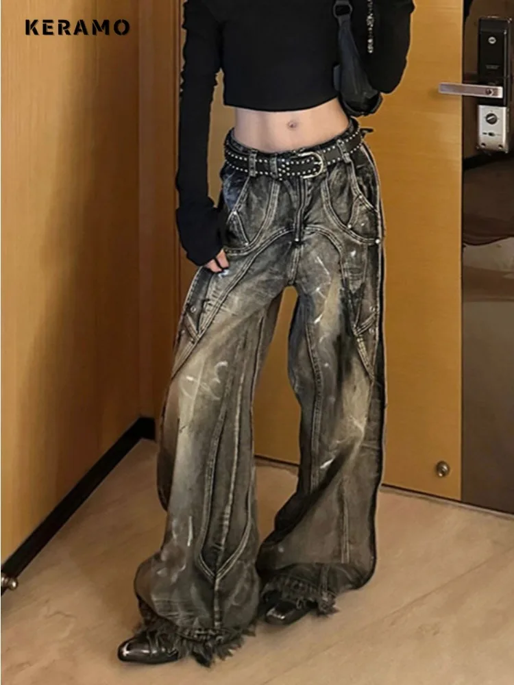 

American Vintage High Waist Tassels Jeans Women's Casual Grunge 2000s Pants Baggy Y2K Wide Leg Street Washed Denim Trouser