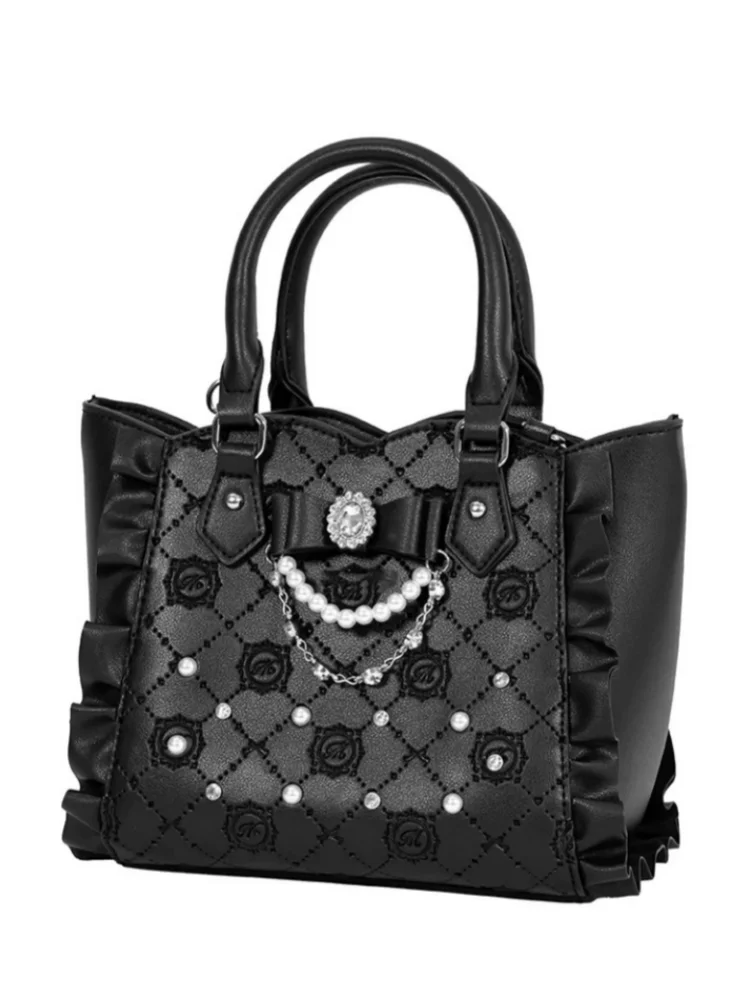 

Lolita Pearl Rhinestone Knot Tote Bag Single oulder Crossbody Bag Sweet Cool Sle Polyester Zipper Closure