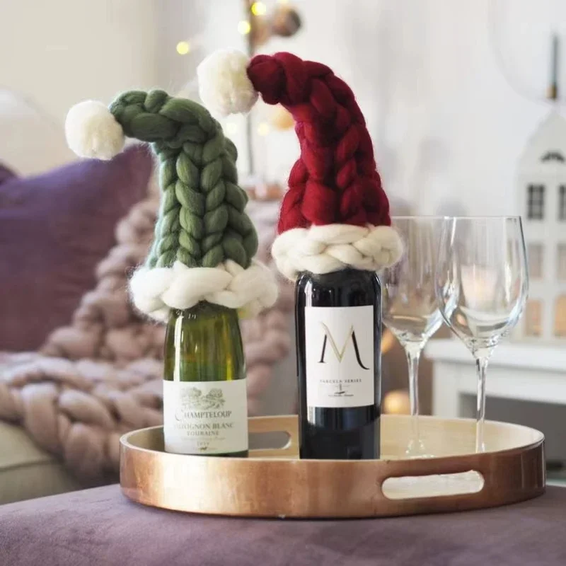 

New Thick Christmas Wine Bottle Cover Hand-Knitted Icelandic Wool Christmas Tree Shape Hat Bottle Decor Friend Gift
