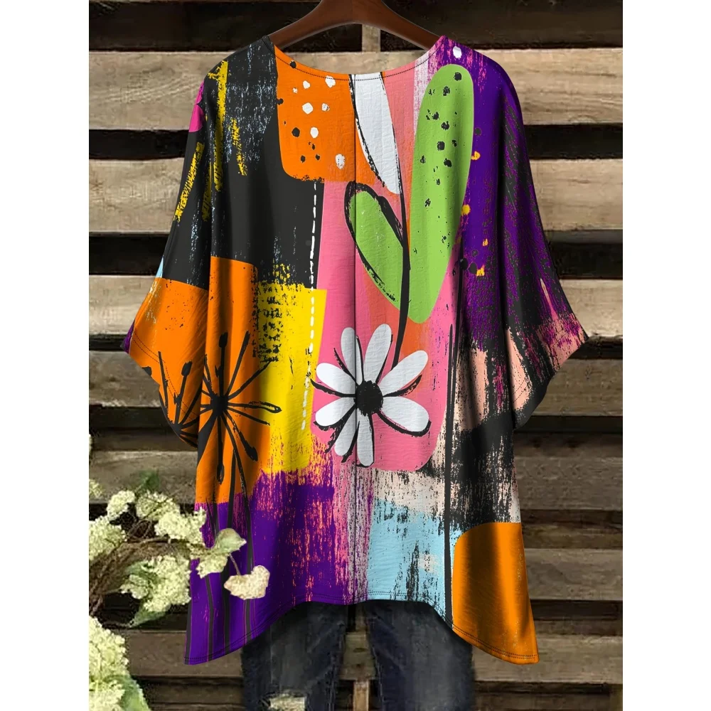 

Женская футболка, элегантный цветочный принт бабочки, асимметричный подол, пуловеры с круглым вырезом, топы с короткими рукавами, уличная одежда, футболки большого размера