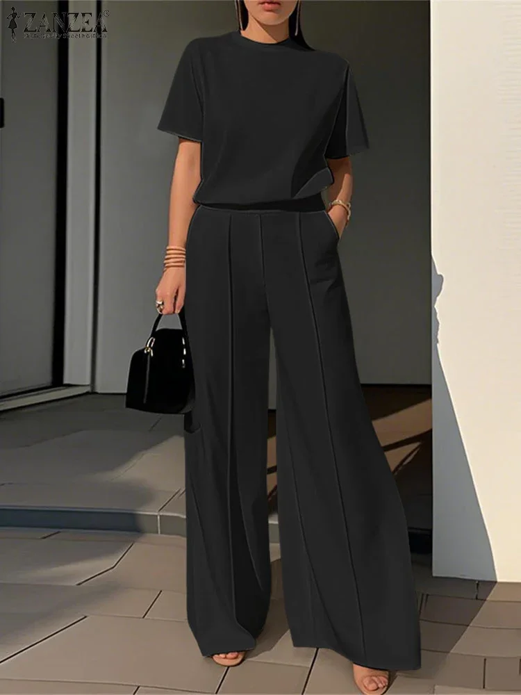 

ZANZEA Fashion 2PCS Short Sleeve Blouse Wide Leg Pant Sets 2025 Summer Women Matching Sets Solid Outfit Casual Work OL Tracksuit