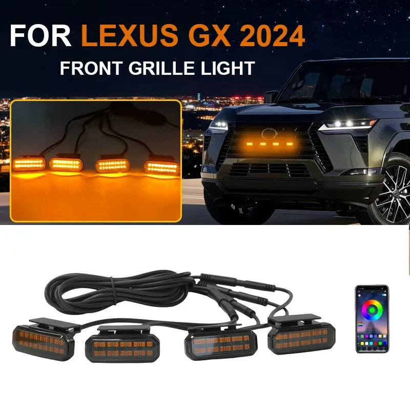 

For Lexus GX 2024 Front Grille Led Lights Car LED Daytime Running Light YellowWhite 4 Pcs center mesh small yellow light