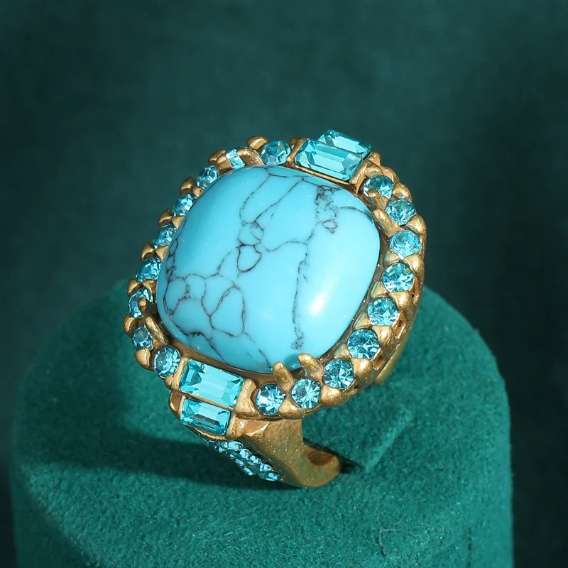 

Luxury Vintage Square Shape Blue Pine Natural Stone Rings Copper Material French Retro Crystal Antique Jewelry Wedding for Women