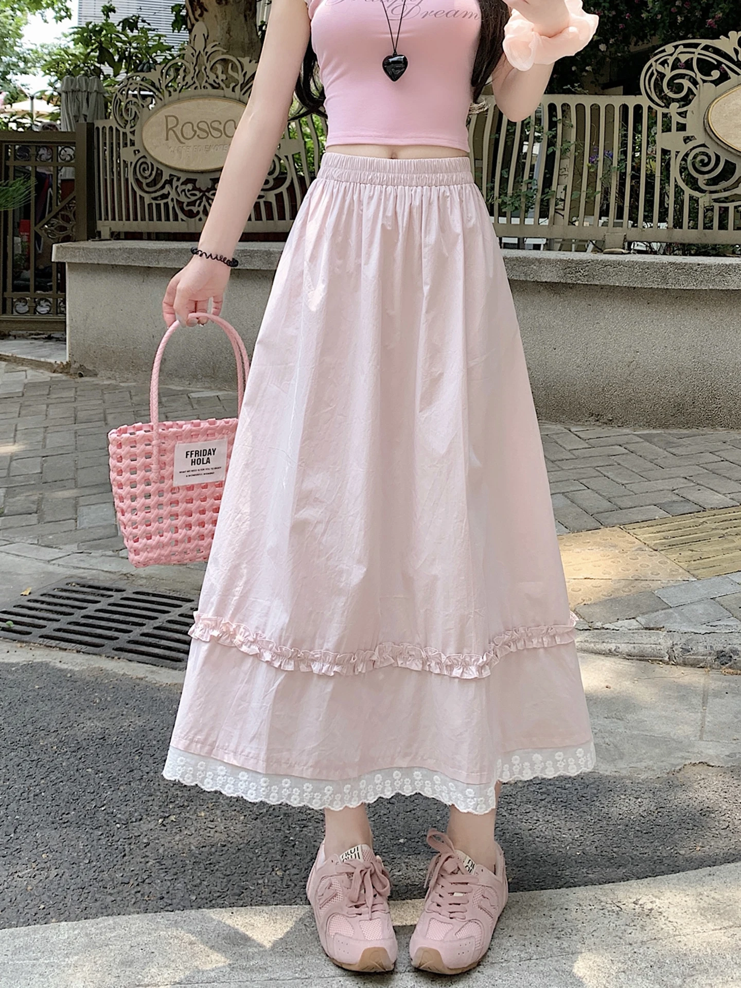 

Women's White Minimalist Ruffled Lace Panel A-line Skirt Pink Elastic-waist Tiered Cake Midi Skirts Yellow Preppy Fairy Summer