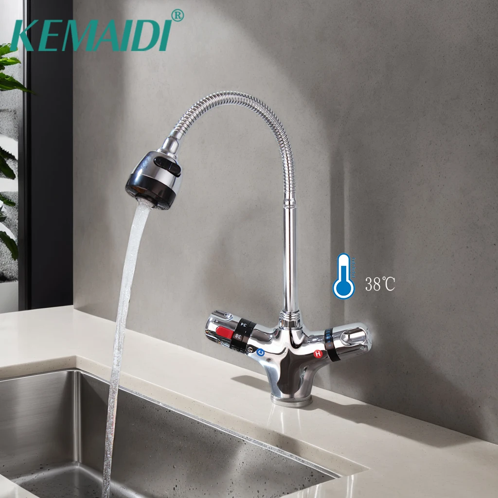 KEMAIDI Thermostatic Kitchen Faucet Kitchen Dual Handles Mixer Tap Rotate Sink Faucet Single Hole Brass Mixer Valve Deck Mounted
