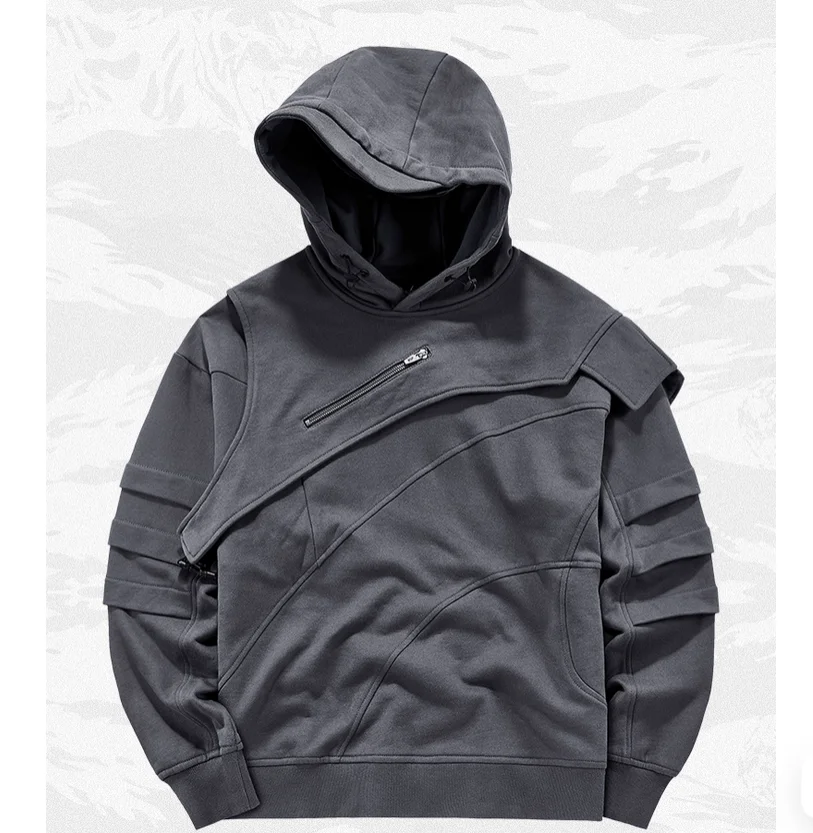 Multi level design sense hooded sweatshirt fake two piece American functional wasteland style jacket