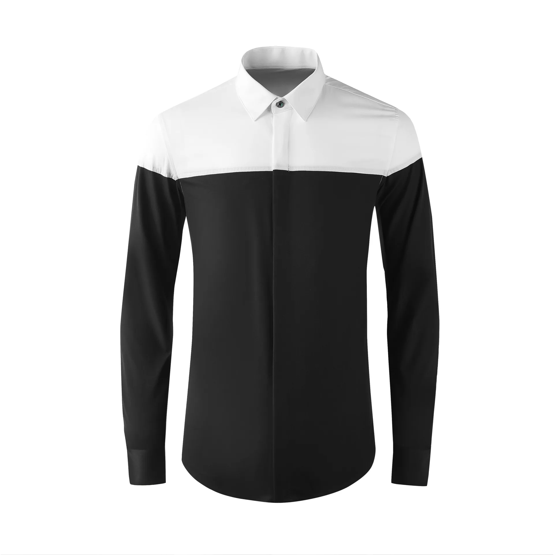 New upper half patchwork color contrast long sleeved men's shirt, personalized avant-garde slim fit and handsome clothing