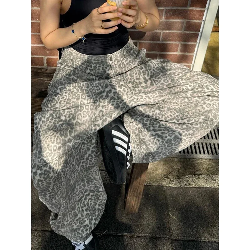 

Осень 202, американские ретро джинсы с леопардовым принтом, женская уличная одежда в стиле хип-хоп, свободные прямые брюки Y2K, широкие джинсовые брюки