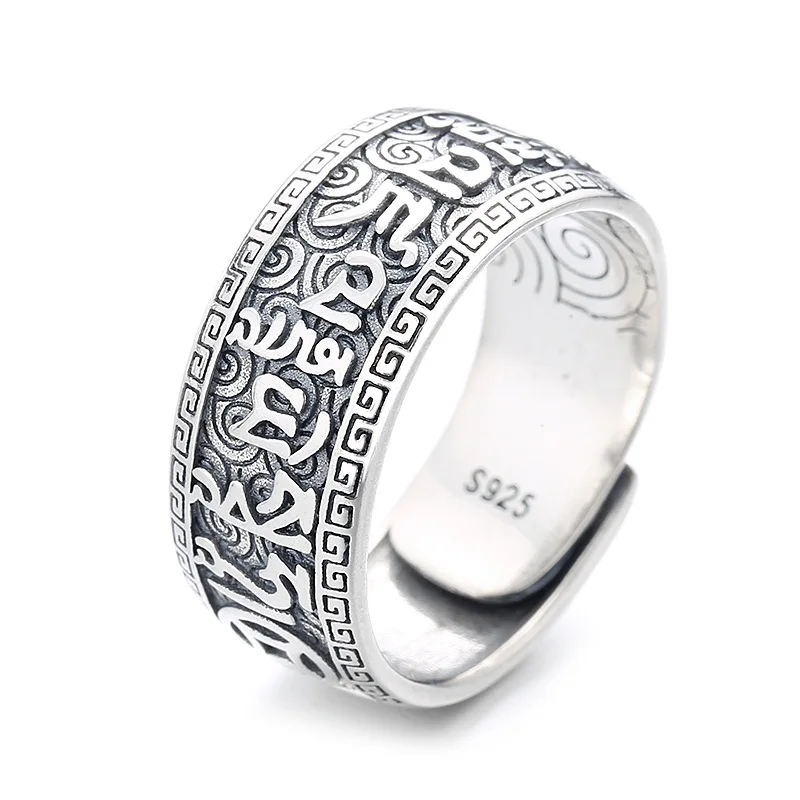 925 Genuine Silver Ring Male Vintage Jewelry Luxury Trend 2024 Chunky Large Tibetan Lotus Six-Character Mantra Rings For Men