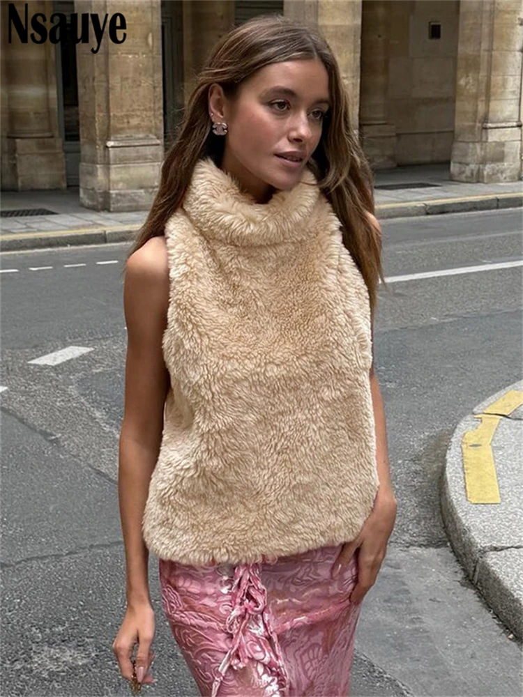 

Nsauye Solid Faux Fur Vest Crop Top Winter Women Fashion Fluffy Turtleneck Sleeveless Jacket Coat Female Elegant Short Tank Top