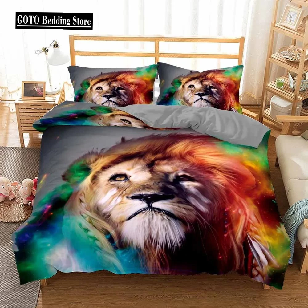 Print Colorful Lion Tiger Bedding European Pattern Duvet Cover Set Queen King Size 2/3pcs Bedclothes Bed Linen for Boys Girls