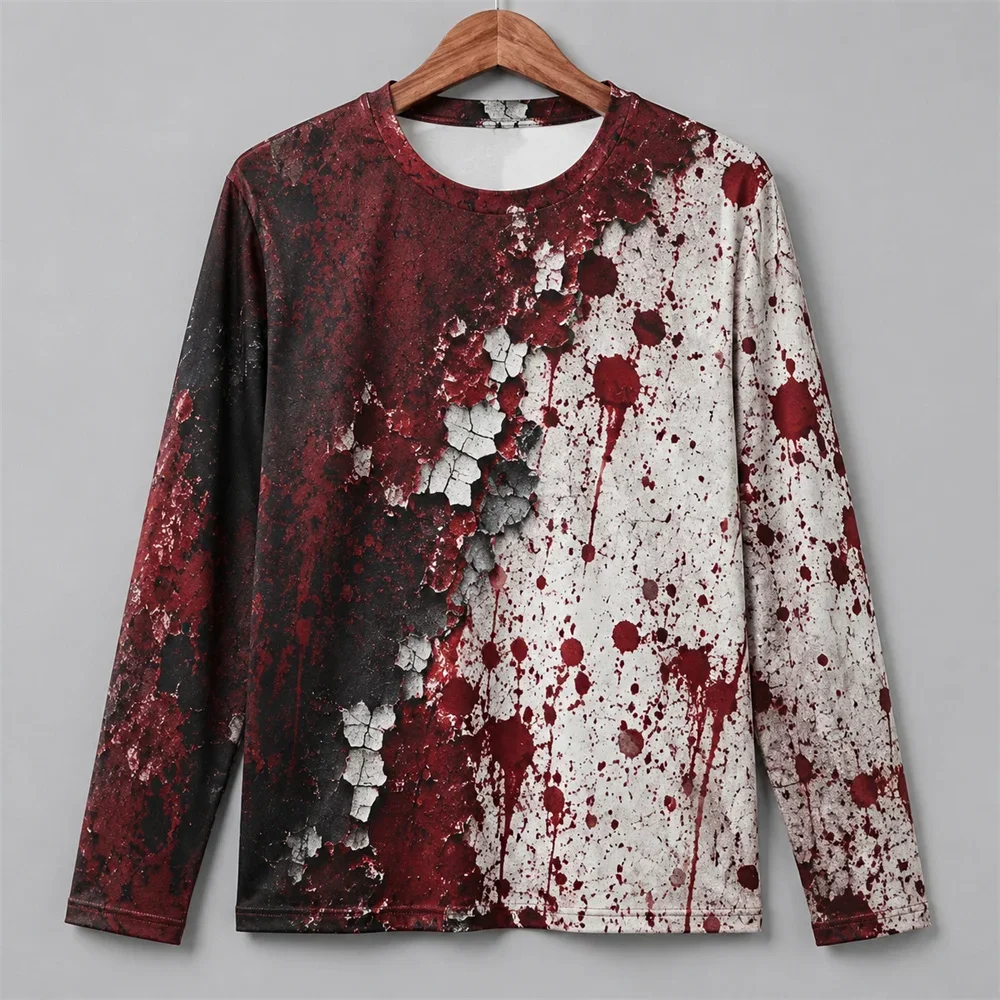 Camiseta de manga larga para hombre con estampado de manchas de sangre roja de terror, ideal para Halloween, con diseño vintage y estilo original para fiestas de Halloween.